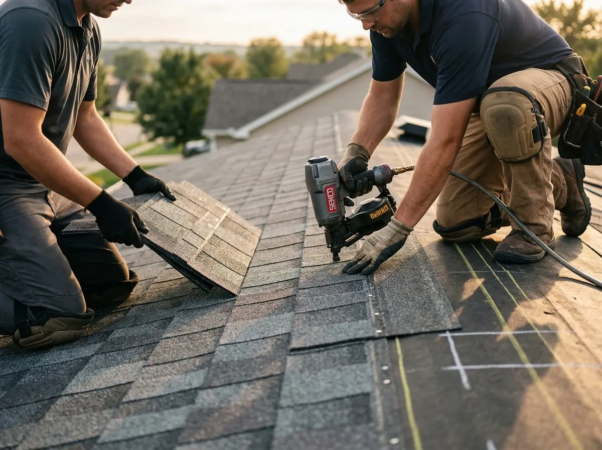 Professional roofer working on a residential roof in Lawrenceville